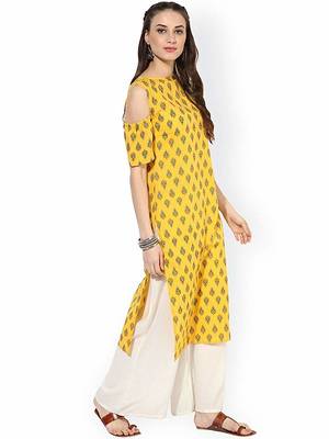 Yellow Cotton Cold Shoulder Ethnic Designer Kurti  2