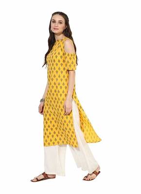 Yellow Cotton Cold Shoulder Ethnic Designer Kurti  3