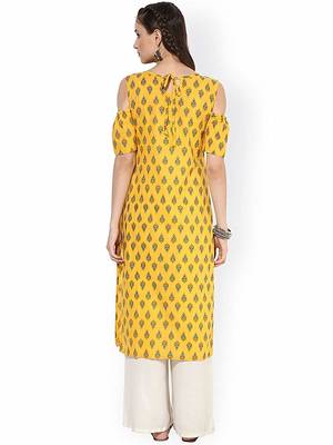 Yellow Cotton Cold Shoulder Ethnic Designer Kurti  4