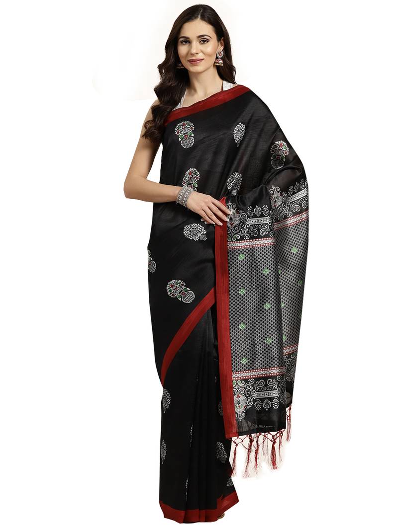 Black printed silk blend saree with blouse