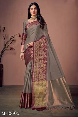 Grey jacquard cotton silk saree with blouse 1