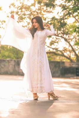 White Georgette Embroidered Semi Stitched Anarkali Suit 1