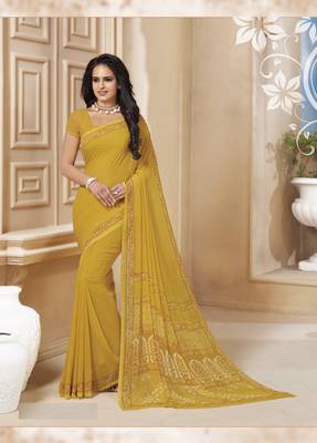 Yellow printed georgette saree with blouse 1