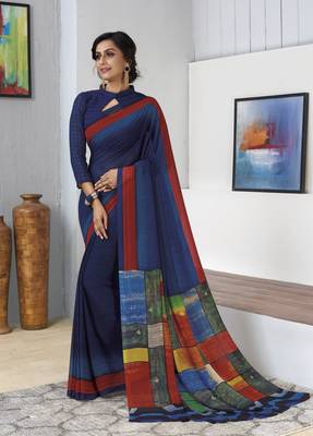 blue printed georgette saree with blouse 1