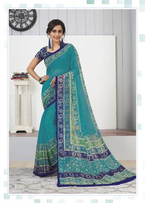 Blue printed georgette saree with blouse 1