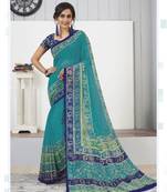 Blue printed georgette saree with blouse