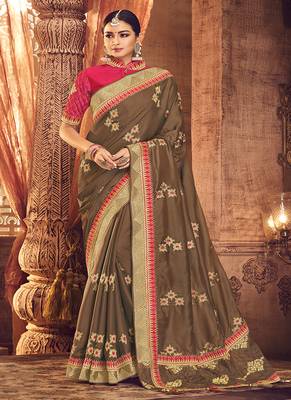 chiku embroidered fancy fabric saree with blouse 1