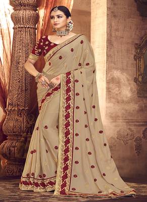 Beige embroidered fancy fabric saree with blouse 1