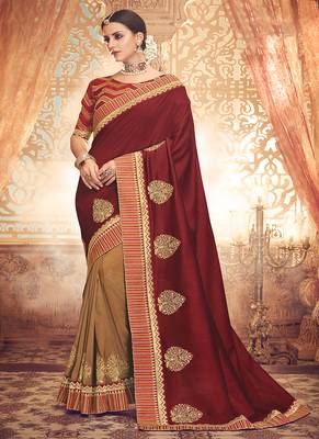 Maroon embroidered fancy fabric saree with blouse 1