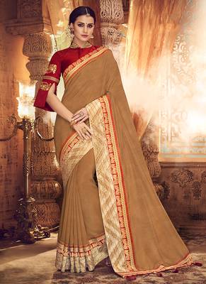 Brown embroidered fancy fabric saree with blouse 1