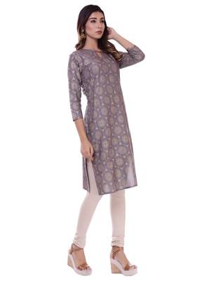 Women's Kurti Grey Foil Print Rayon Straight Fit Kurta 2