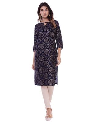Women's Kurti Navy Blue Foil Print Rayon Straight Fit Kurta 1