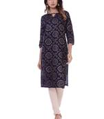 Women's Kurti Navy Blue Foil Print Rayon Straight Fit Kurta