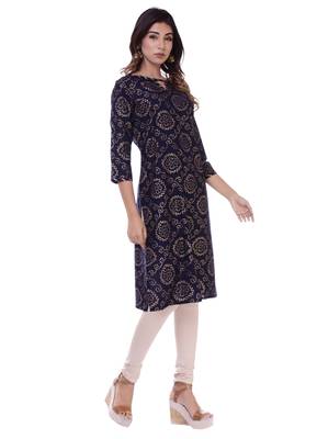 Women's Kurti Navy Blue Foil Print Rayon Straight Fit Kurta 2