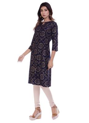 Women's Kurti Navy Blue Foil Print Rayon Straight Fit Kurta 3