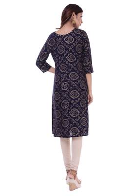 Women's Kurti Navy Blue Foil Print Rayon Straight Fit Kurta 5