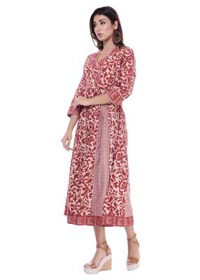 Women's Kurti Maroon Embroidered Cambric Cotton A-Line Kurta 3