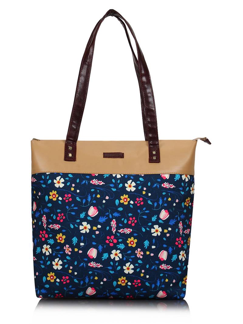 Lychee Bags Canvas Blue Floral Printed Shopper Tote Bag