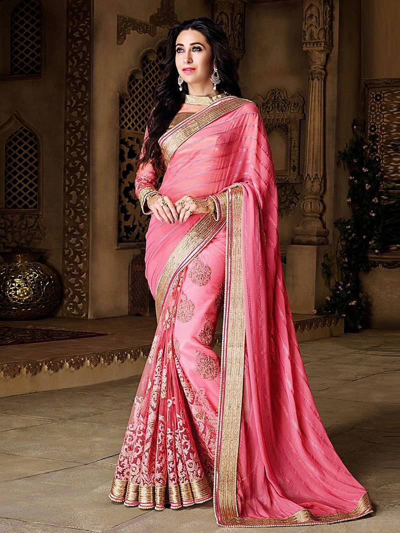 Women's Georgette Pink Printed Designer Saree With Blouse Piece