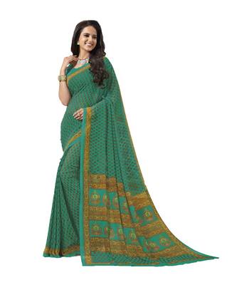 Green printed georgette saree with blouse 1