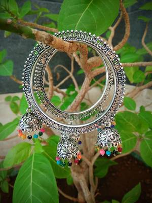 German Silver Bangles With Designer Frame And Hanging Jhumki Triplets 1