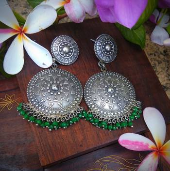 German Silver Round Earrings With Green Pearl Embellishments 1