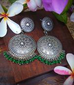 German Silver Round Earrings With Green Pearl Embellishments