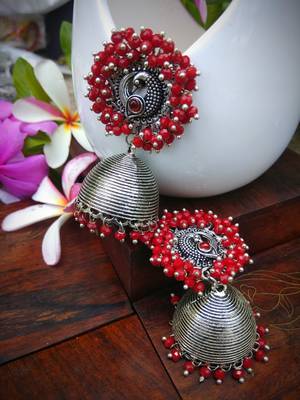 Red Pearl Studded Ear Studs And Pearl Drop German Silver Jhumka 1