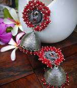 Red Pearl Studded Ear Studs And Pearl Drop German Silver Jhumka