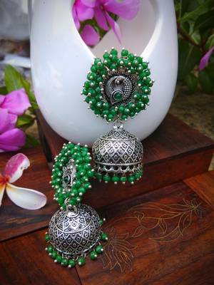 Green Pearl Studded Ear Studs And Pearl Drop German Silver Jhumka 1
