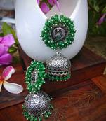 Green Pearl Studded Ear Studs And Pearl Drop German Silver Jhumka
