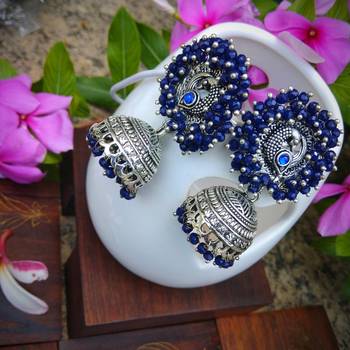 Navy Blue Pearl Studded Ear Studs And Pearl Drop German Silver Jhumka 1