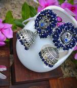Navy Blue Pearl Studded Ear Studs And Pearl Drop German Silver Jhumka
