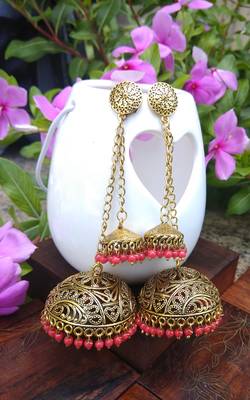 Golden Small & Large Jhumka Combo With Red Pearl Hangings 1