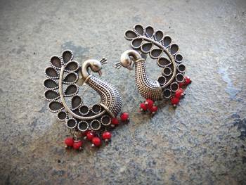 Peacock Shaped German Silver Ear Studs With Red Pearl 1