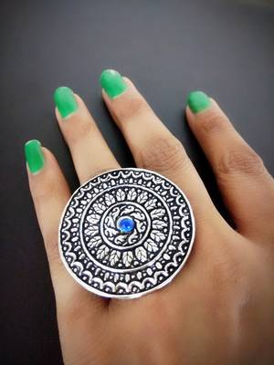 Engraved German Silver Finger Ring With Blue Stone 1