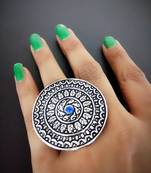 Engraved German Silver Finger Ring With Blue Stone