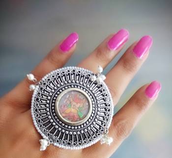 Hand Made Ganpati Centre Pic Ring With Pearl Drops Around Border 1