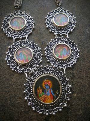 Radhakrishna Photoframe Handmade German Silver Necklace 2