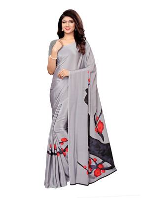 Grey Printed Crepe Saree With Blouse 1