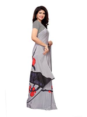 Grey Printed Crepe Saree With Blouse 3