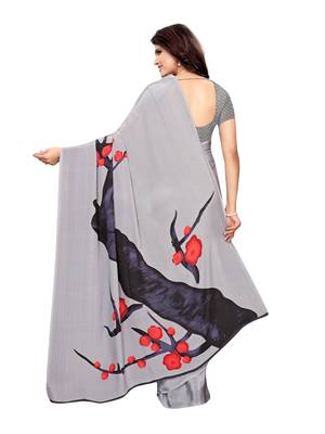 Grey Printed Crepe Saree With Blouse 4