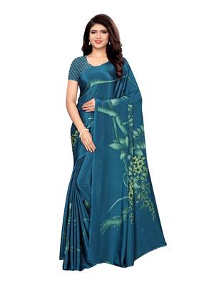 Turquoise printed crepe saree with blouse 1