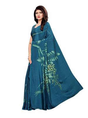 Turquoise printed crepe saree with blouse 2