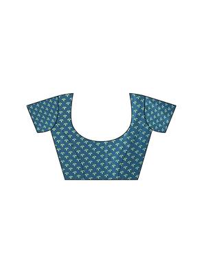 Turquoise printed crepe saree with blouse 5