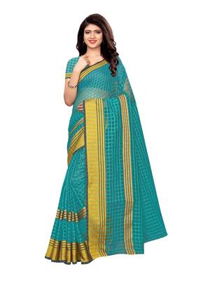 Turquoise woven chanderi saree with blouse 1