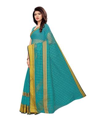 Turquoise woven chanderi saree with blouse 2