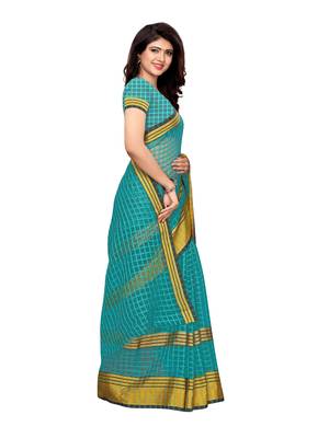 Turquoise woven chanderi saree with blouse 3