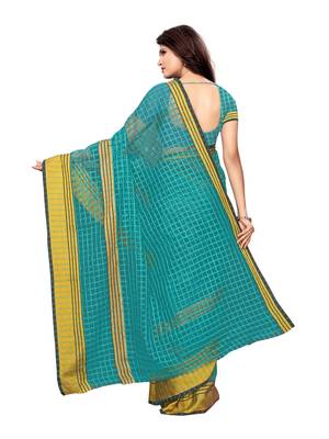 Turquoise woven chanderi saree with blouse 4