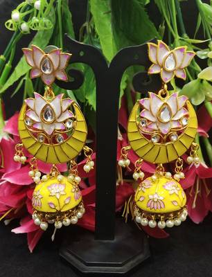 Latest Designer Yellow Pink Meenakari Kundan Pearl Jhumki Earrings 1
